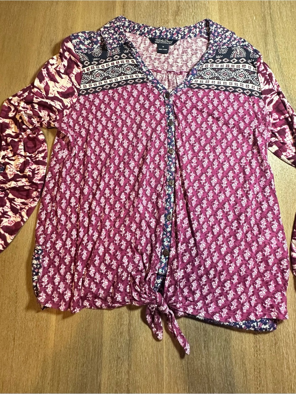 Lucky Brand Live in Love Boho Mixed Print Tie-Front Long Sleeve Blouse